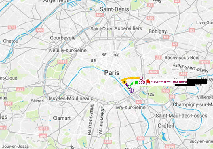 plan itinéraire ratp de Cour Saint-Emilion à Porte de Vincennes