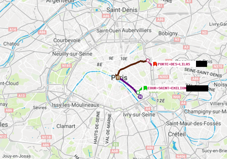 plan itinéraire ratp de Cour Saint-Emilion à Porte des Lilas