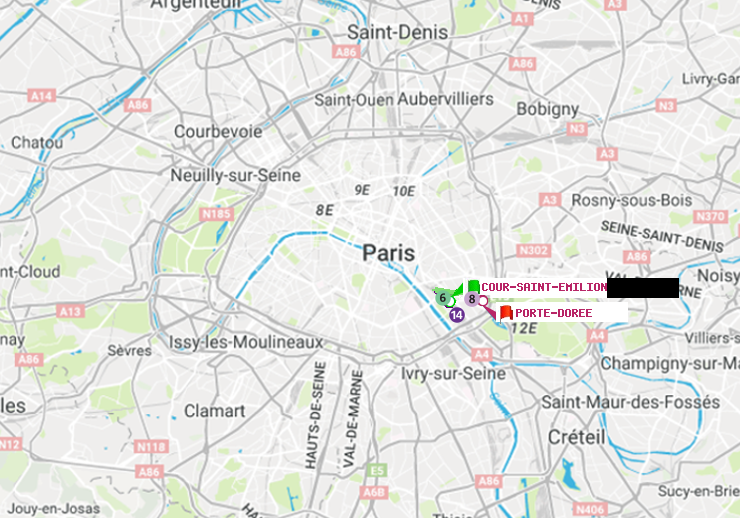 plan itinéraire ratp de Cour Saint-Emilion à Porte Dorée