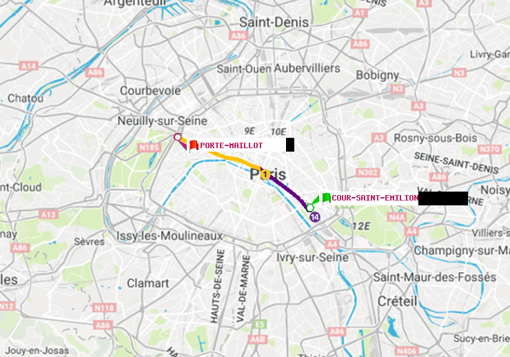 plan itinéraire ratp de Cour Saint-Emilion à Porte Maillot