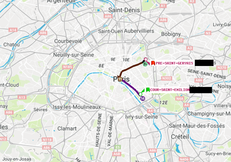 plan itinéraire ratp de Cour Saint-Emilion à Pré-Saint-Gervais