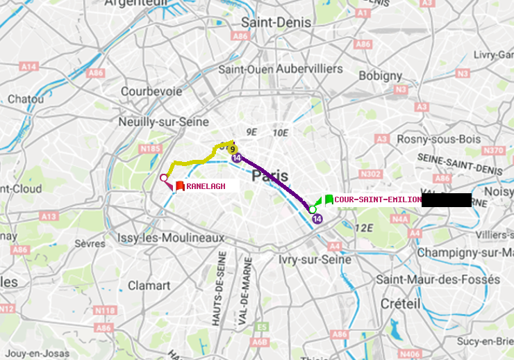 plan itinéraire ratp de Cour Saint-Emilion à Ranelagh