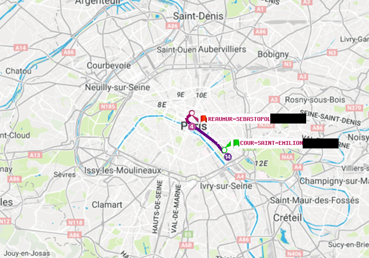plan itinéraire ratp de Cour Saint-Emilion à Réaumur-Sébastopol