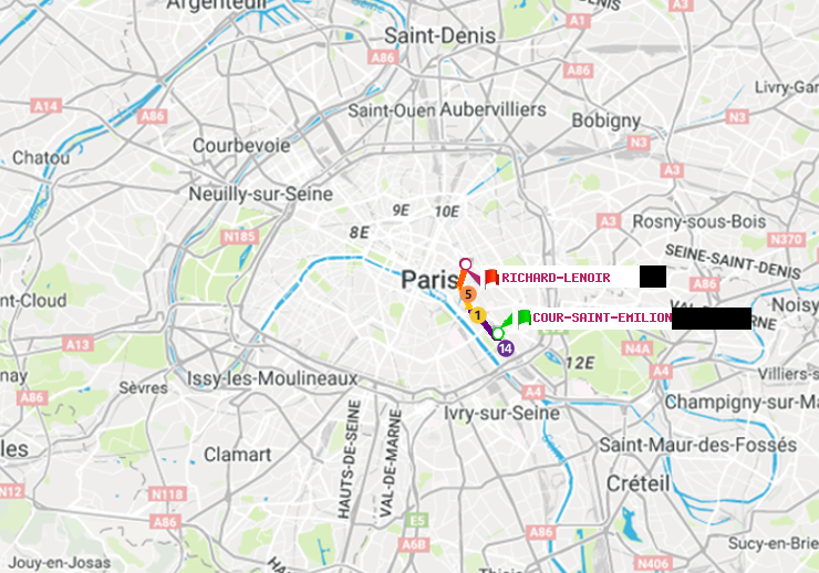 plan itinéraire ratp de Cour Saint-Emilion à Richard-Lenoir