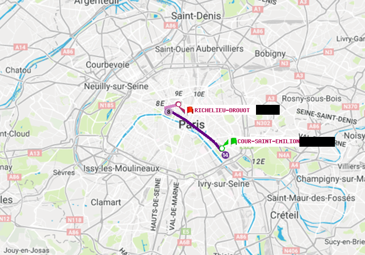 plan itinéraire ratp de Cour Saint-Emilion à Richelieu-Drouot