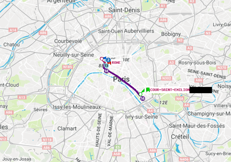 plan itinéraire ratp de Cour Saint-Emilion à Rome