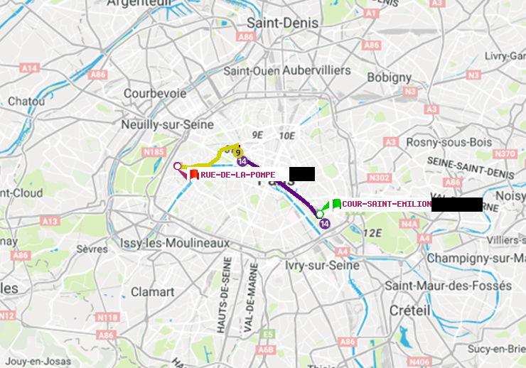 plan itinéraire ratp de Cour Saint-Emilion à Rue de la Pompe (Avenue Georges Mandel)