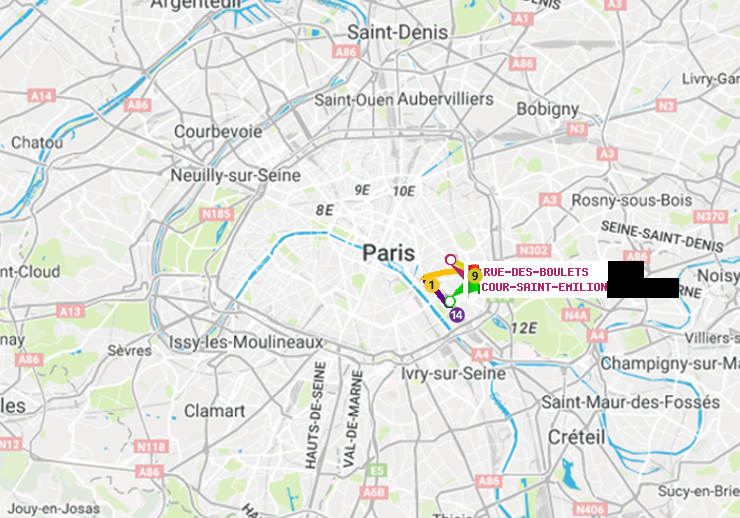 plan itinéraire ratp de Cour Saint-Emilion à Rue des Boulets