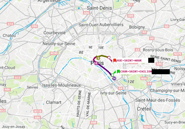 plan itinéraire ratp de Cour Saint-Emilion à Rue Saint-Maur