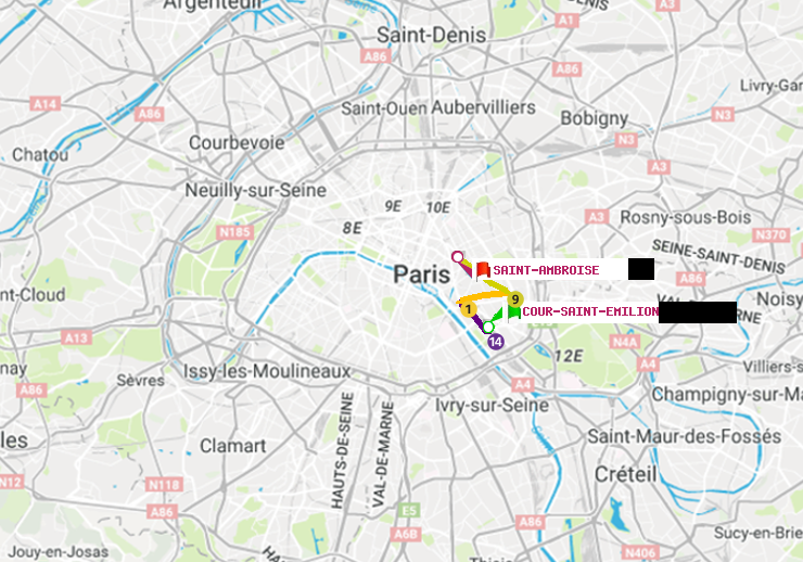 plan itinéraire ratp de Cour Saint-Emilion à Saint-Ambroise