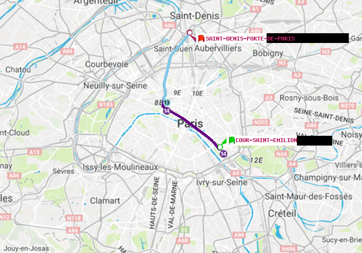 plan itinéraire ratp de Cour Saint-Emilion à Saint-Denis-Porte de Paris