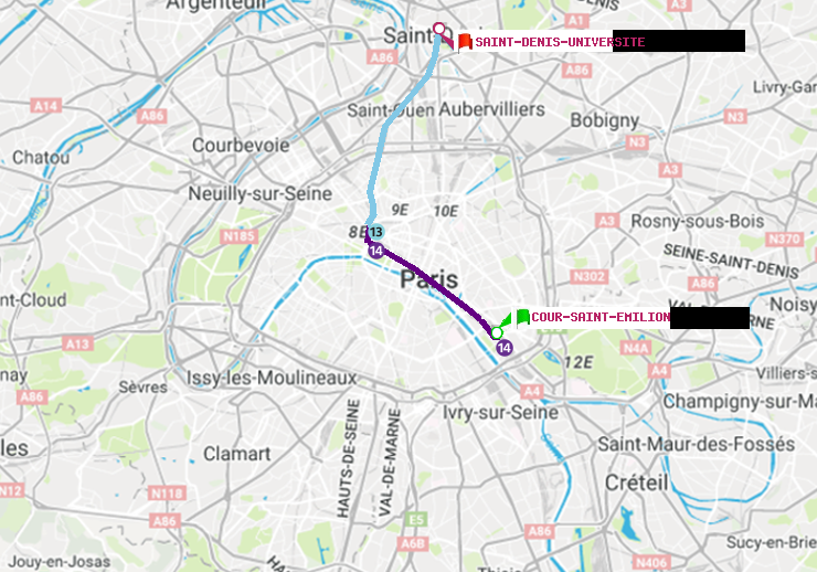 plan itinéraire ratp de Cour Saint-Emilion à Saint-Denis-Universite