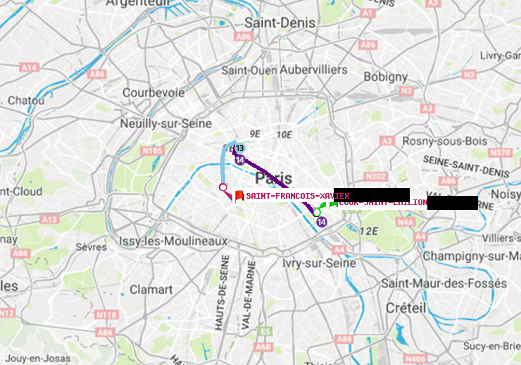 plan itinéraire ratp de Cour Saint-Emilion à Saint-Francois-Xavier