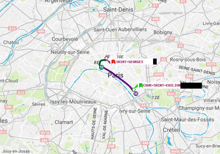 plan itinéraire ratp de Cour Saint-Emilion à Saint-Georges