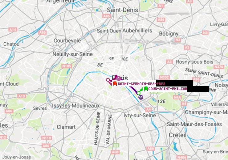 plan itinéraire ratp de Cour Saint-Emilion à Saint-Germain des Prés