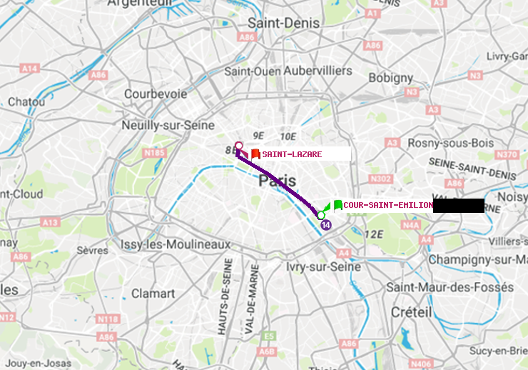 plan itinéraire ratp de Cour Saint-Emilion à Saint-Lazare