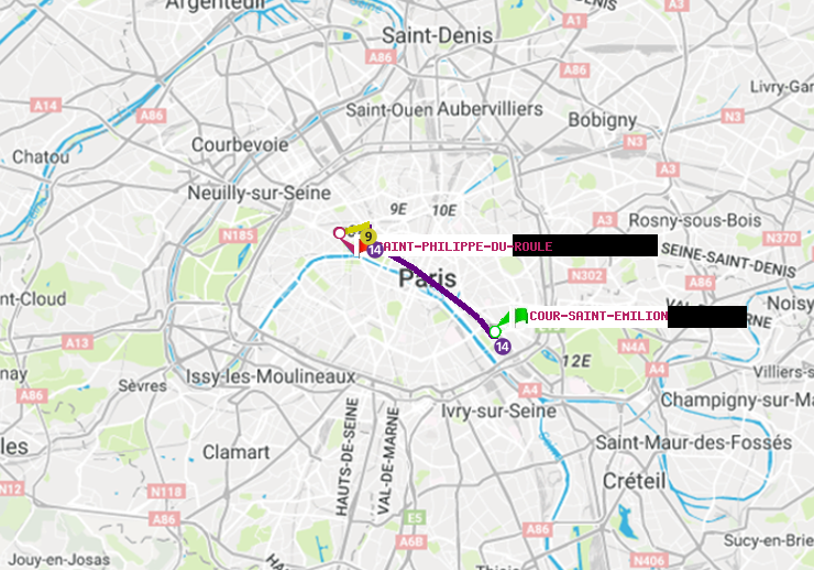 plan itinéraire ratp de Cour Saint-Emilion à Saint-Philippe du Roule