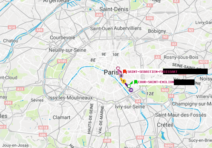 plan itinéraire ratp de Cour Saint-Emilion à Saint-Sébastien-Froissart