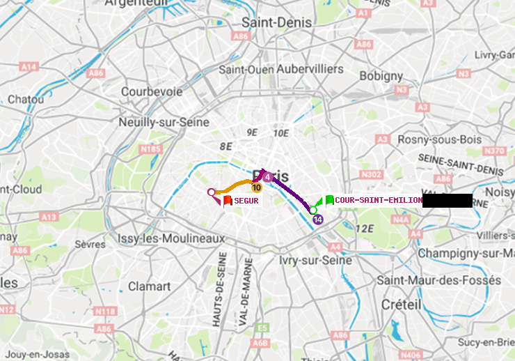 plan itinéraire ratp de Cour Saint-Emilion à Ségur