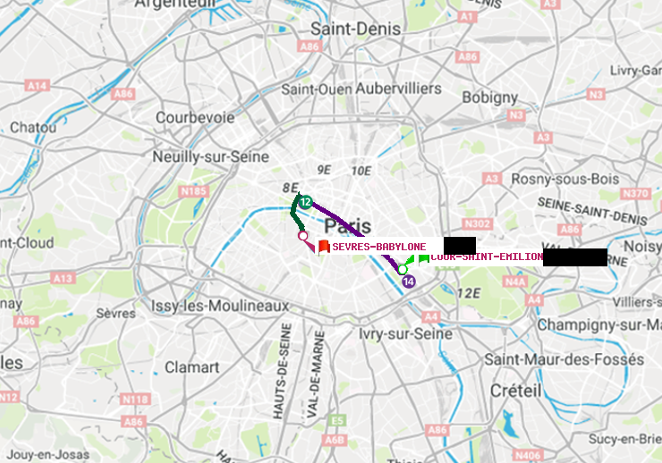 plan itinéraire ratp de Cour Saint-Emilion à Sèvres-Babylone