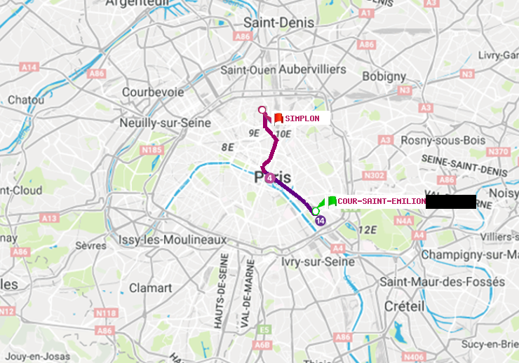 plan itinéraire ratp de Cour Saint-Emilion à Simplon