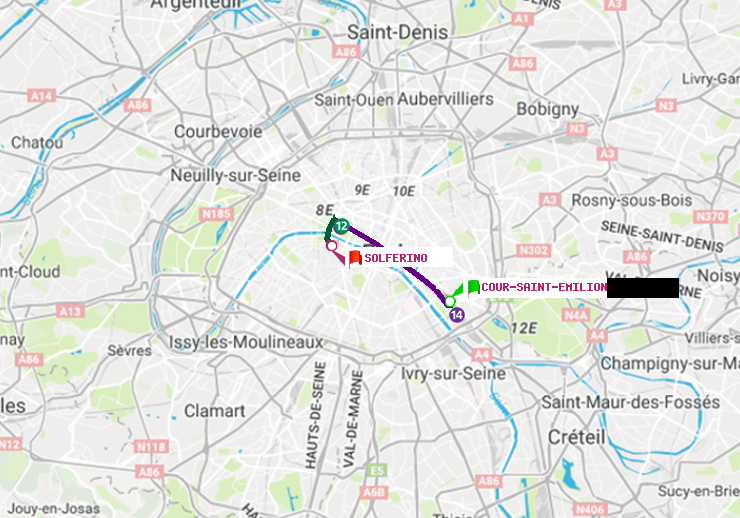 plan itinéraire ratp de Cour Saint-Emilion à Solférino