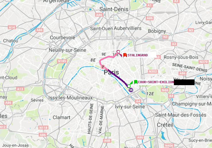 plan itinéraire ratp de Cour Saint-Emilion à Stalingrad