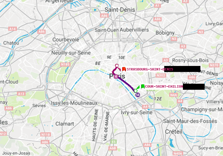 plan itinéraire ratp de Cour Saint-Emilion à Strasbourg-Saint-Denis