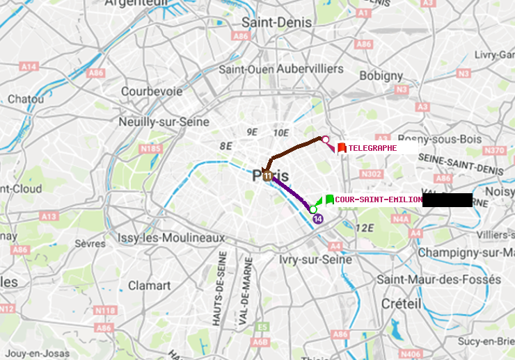 plan itinéraire ratp de Cour Saint-Emilion à Telegraphe