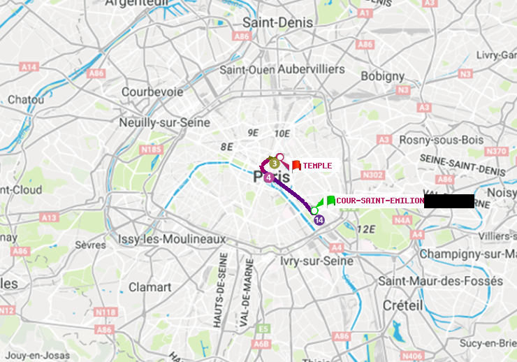 plan itinéraire ratp de Cour Saint-Emilion à Temple
