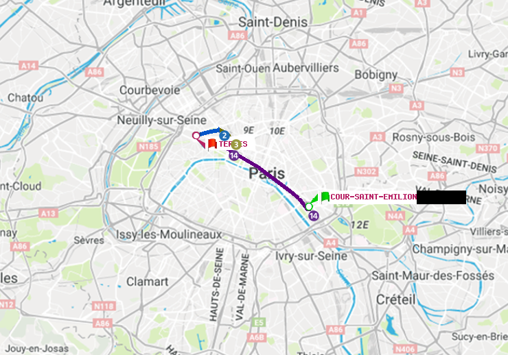 plan itinéraire ratp de Cour Saint-Emilion à Ternes