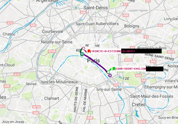 plan itinéraire ratp de Cour Saint-Emilion à Trinité-d