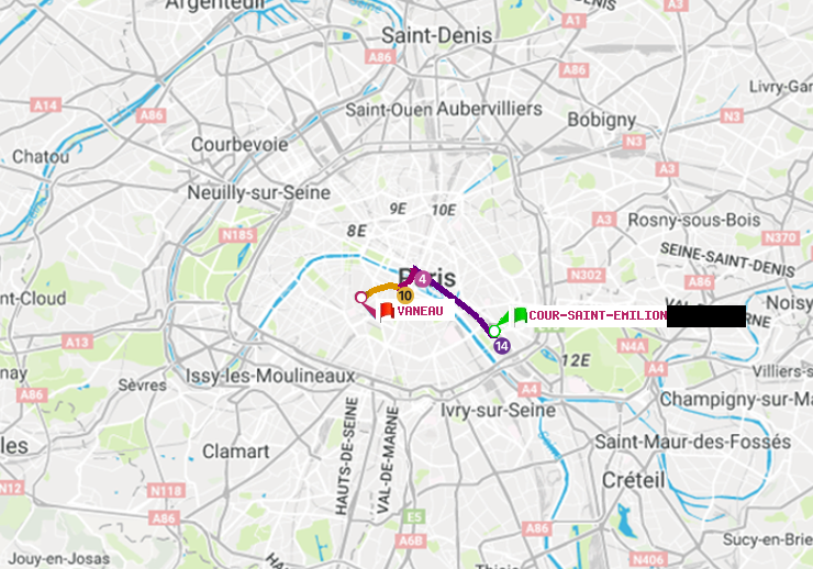 plan itinéraire ratp de Cour Saint-Emilion à Vaneau