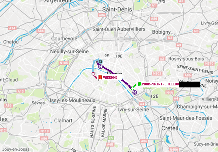 plan itinéraire ratp de Cour Saint-Emilion à Varenne