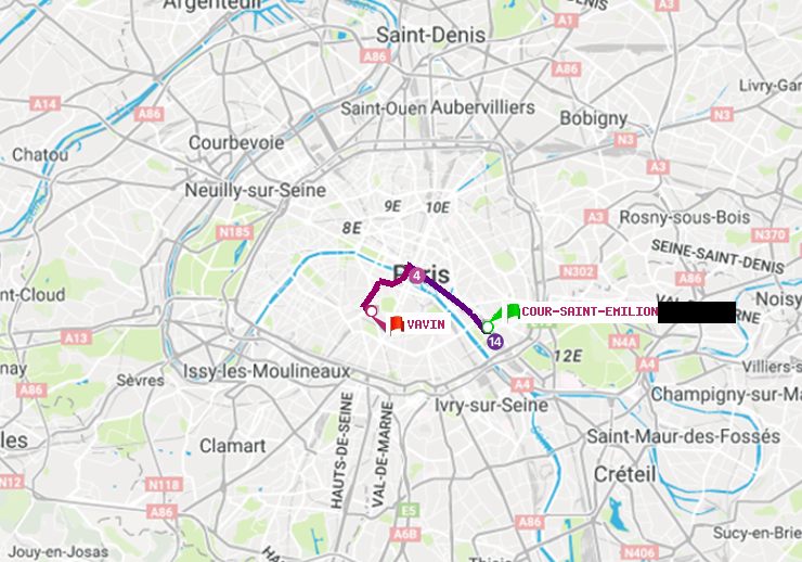 plan itinéraire ratp de Cour Saint-Emilion à Vavin