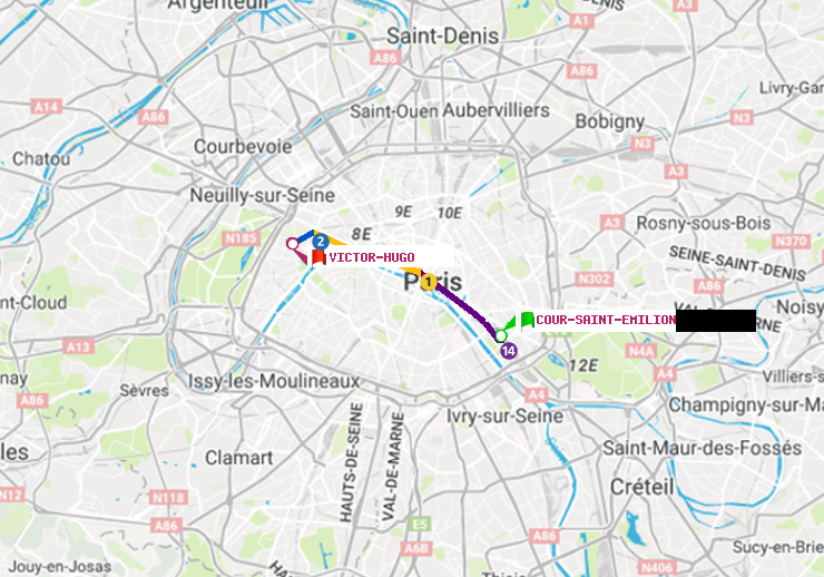 plan itinéraire ratp de Cour Saint-Emilion à Victor Hugo