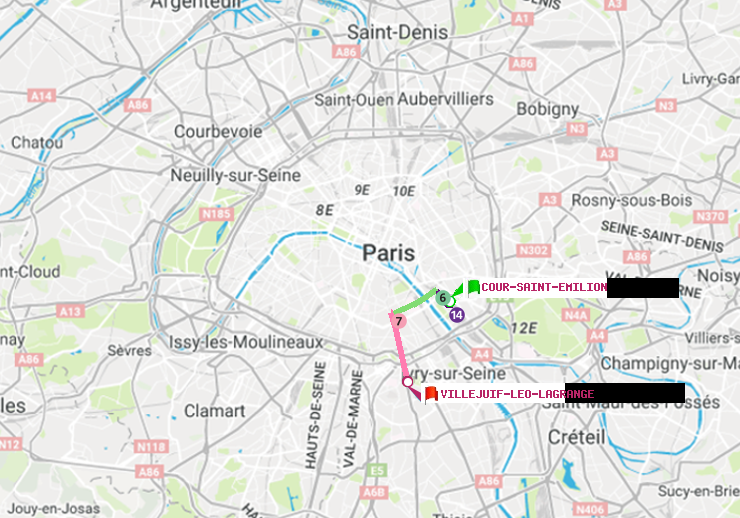 plan itinéraire ratp de Cour Saint-Emilion à Villejuif-Léo Lagrange