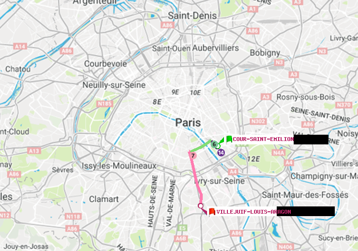 plan itinéraire ratp de Cour Saint-Emilion à Villejuif-Louis Aragon