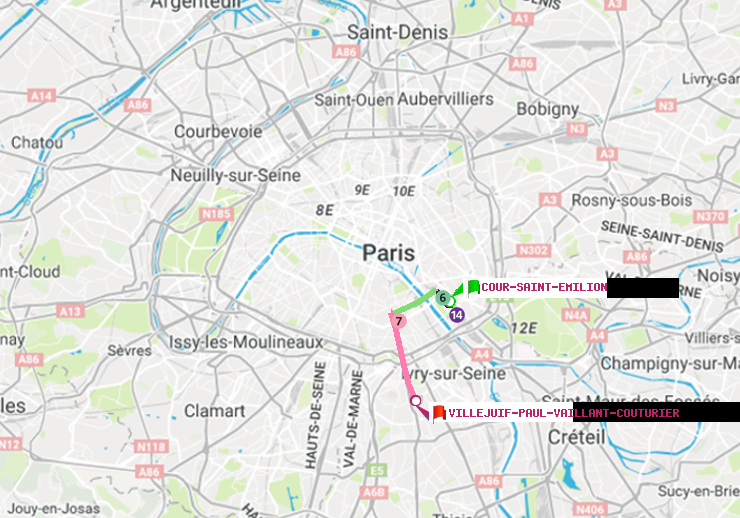 plan itinéraire ratp de Cour Saint-Emilion à Villejuif-Paul Vaillant Couturier (Hôpital Paul Brousse)