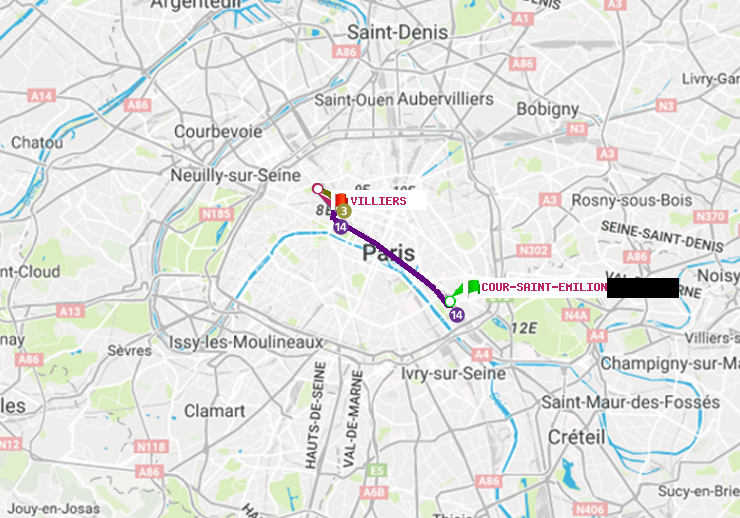 plan itinéraire ratp de Cour Saint-Emilion à Villiers