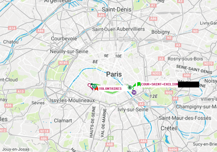 plan itinéraire ratp de Cour Saint-Emilion à Volontaires