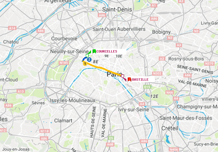 plan itinéraire ratp de Courcelles à Bastille