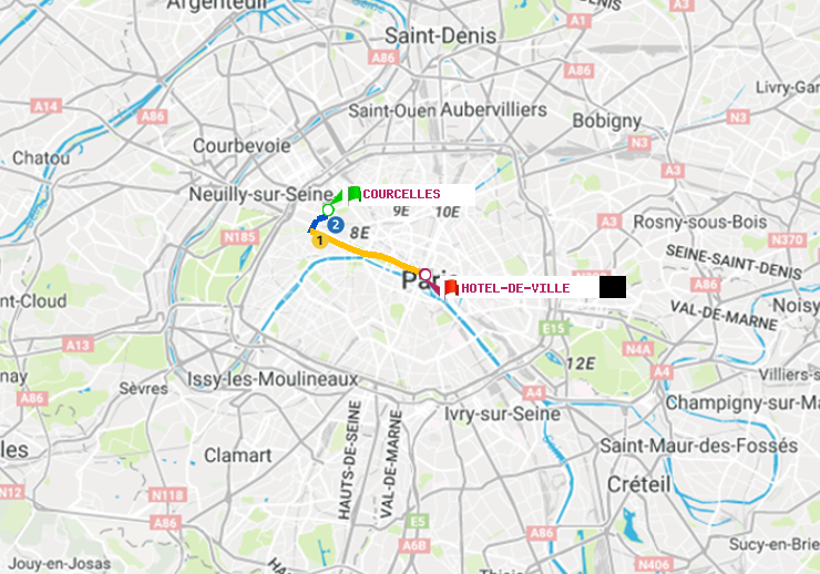 plan itinéraire ratp de Courcelles à Hôtel de Ville