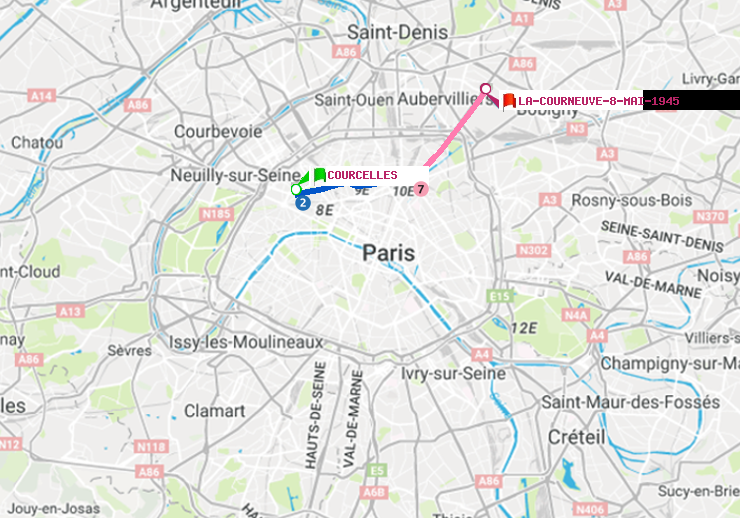 plan itinéraire ratp de Courcelles à La Courneuve-8-Mai-1945
