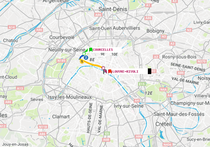 plan itinéraire ratp de Courcelles à Louvre-Rivoli