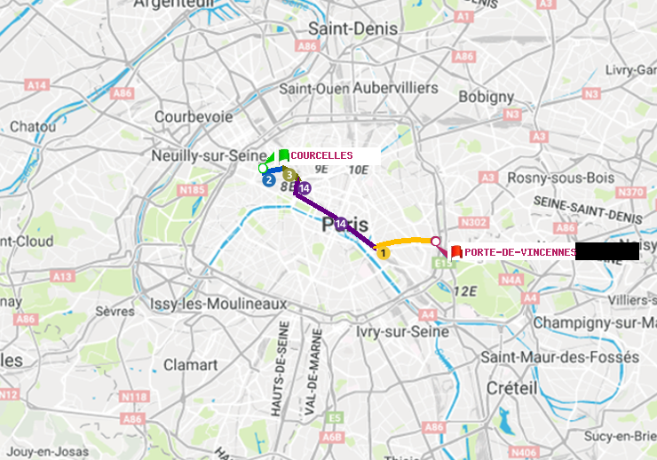 plan itinéraire ratp de Courcelles à Porte de Vincennes