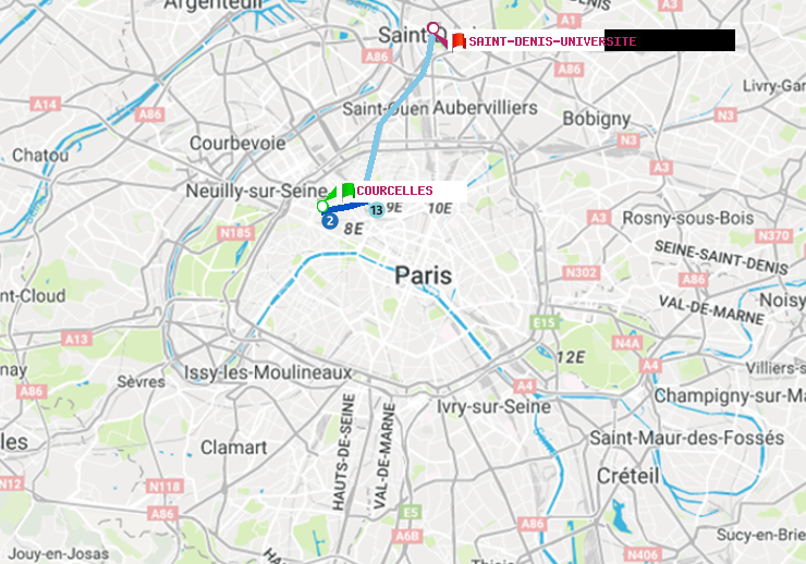 plan itinéraire ratp de Courcelles à Saint-Denis-Universite