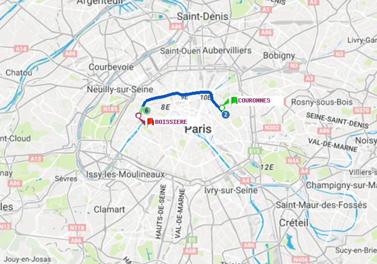 plan itinéraire ratp de Couronnes à Boissière