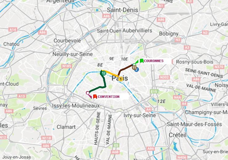 plan itinéraire ratp de Couronnes à Convention
