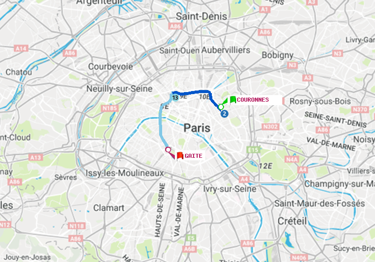 plan itinéraire ratp de Couronnes à Gaité